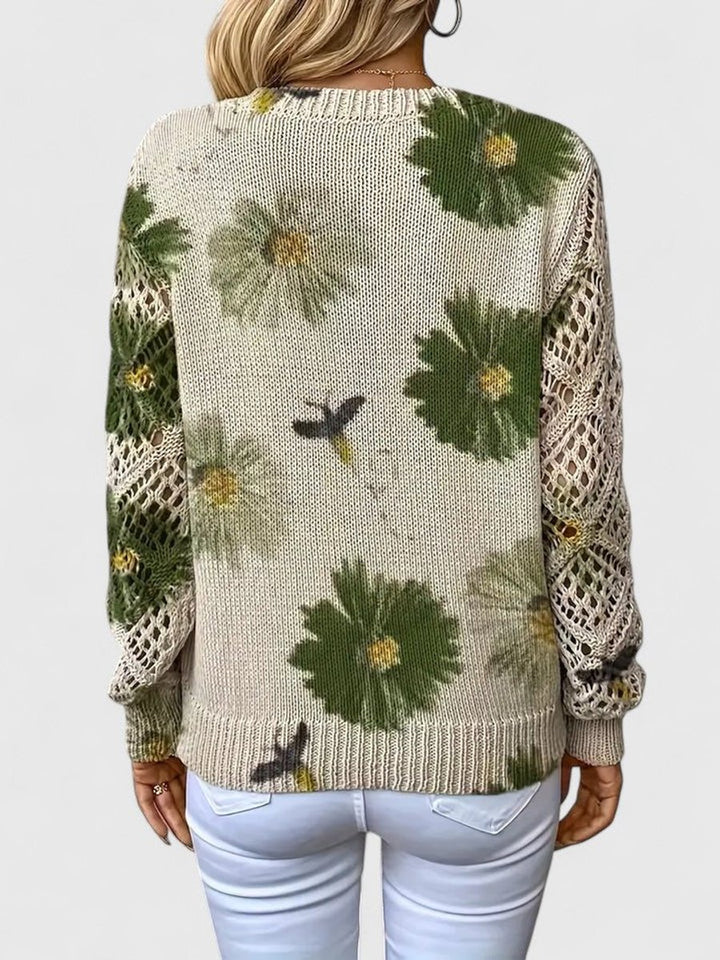 Women's Floral V-Neck Crochet Sleeve Knitted Sweater