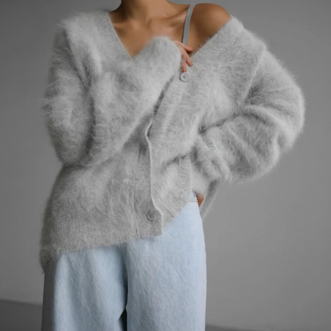 Women's Fluffy Oversized Knit Cardigan Button-Front