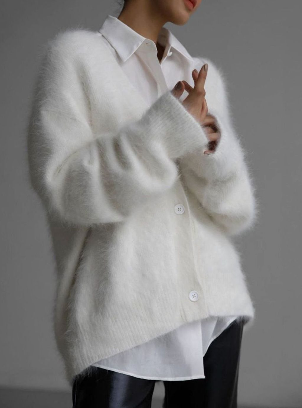 Women's Fluffy Oversized Knit Cardigan Button-Up Mohair-Feel Jumper