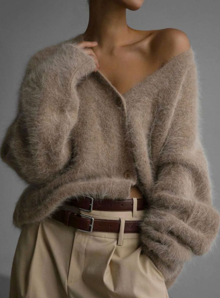 Women's Fluffy Oversized Knit Cardigan Button-Up Mohair-Feel Jumper