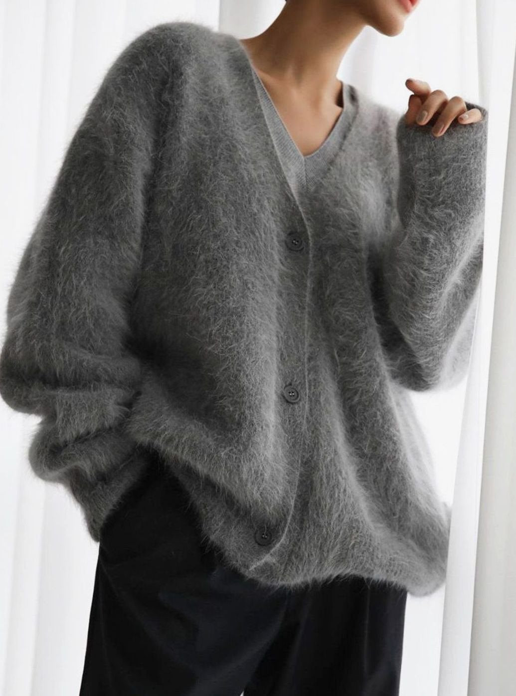 Women's Fluffy Oversized Knit Cardigan Button-Up Mohair-Feel Jumper
