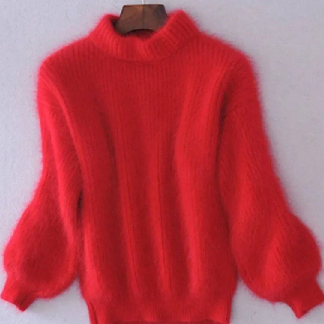 Women's Fluffy Turtleneck Relaxed-Fit Knit Sweater - Red