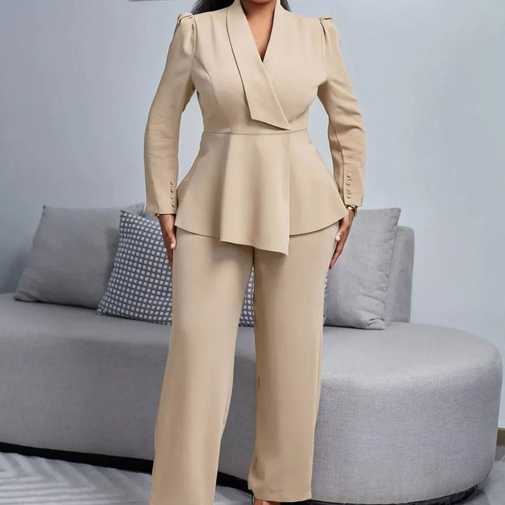 Women's Formal Peplum Blazer Suit Set Wide-Leg Tailored Trousers - Khaki