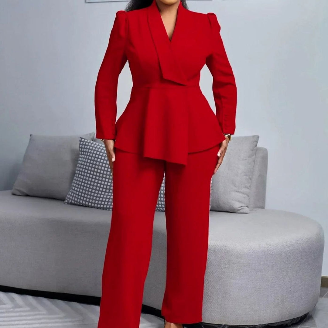 Women's Formal Peplum Blazer Suit Set Wide-Leg Tailored Trousers - Burgundy