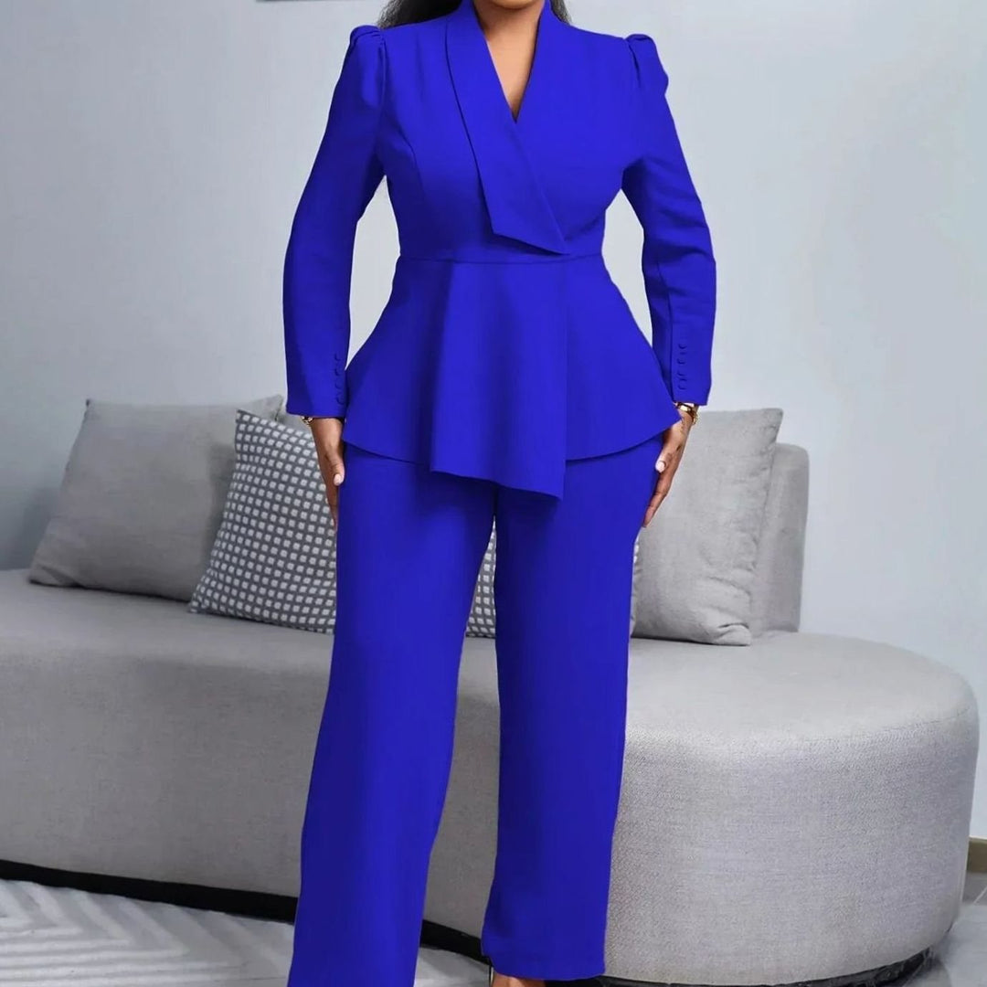 Women's Formal Peplum Blazer Suit Set Wide-Leg Tailored Trousers - Royal Blue