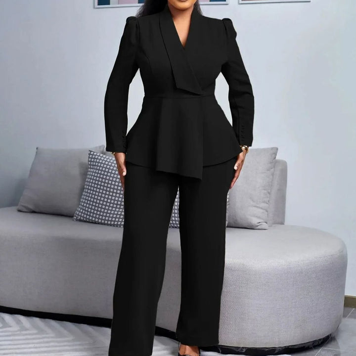 Women's Formal Peplum Blazer Suit Set Wide-Leg Tailored Trousers - Black