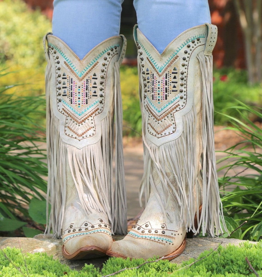 Women's Fringed Studded Knee-High Ankle Heeled Boots