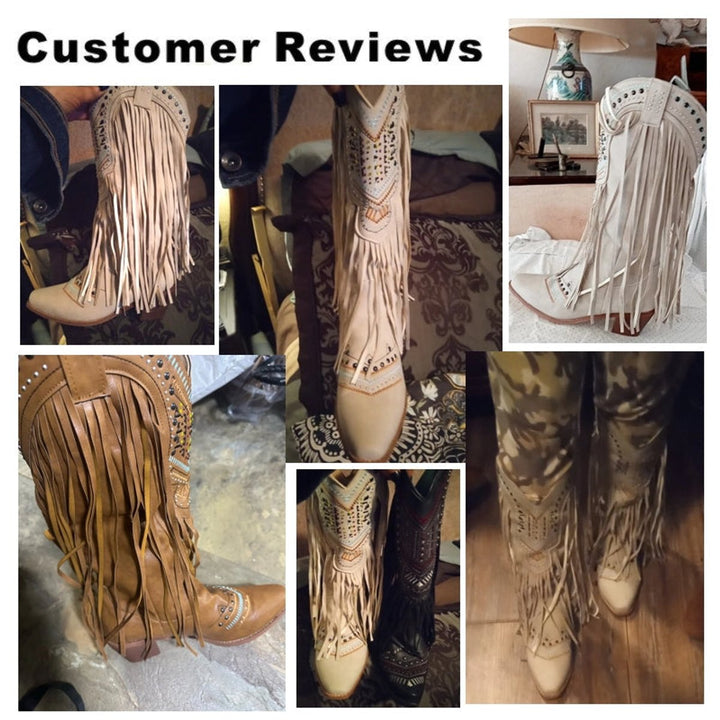 Women's Fringed Studded Knee-High Ankle Heeled Boots
