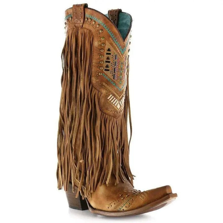 Women's Fringed Studded Knee-High Ankle Heeled Boots
