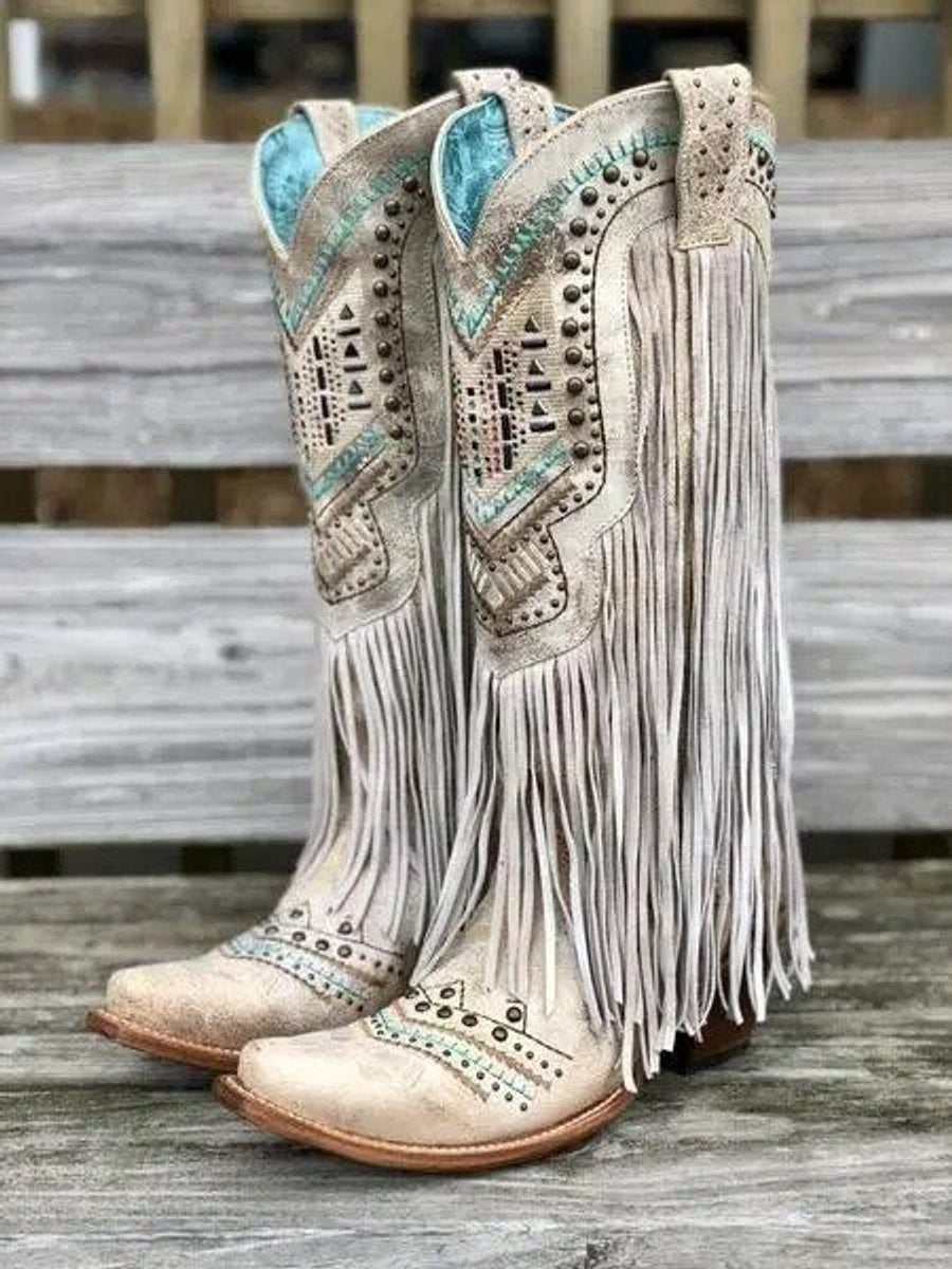 Women's Fringed Studded Knee-High Ankle Heeled Boots