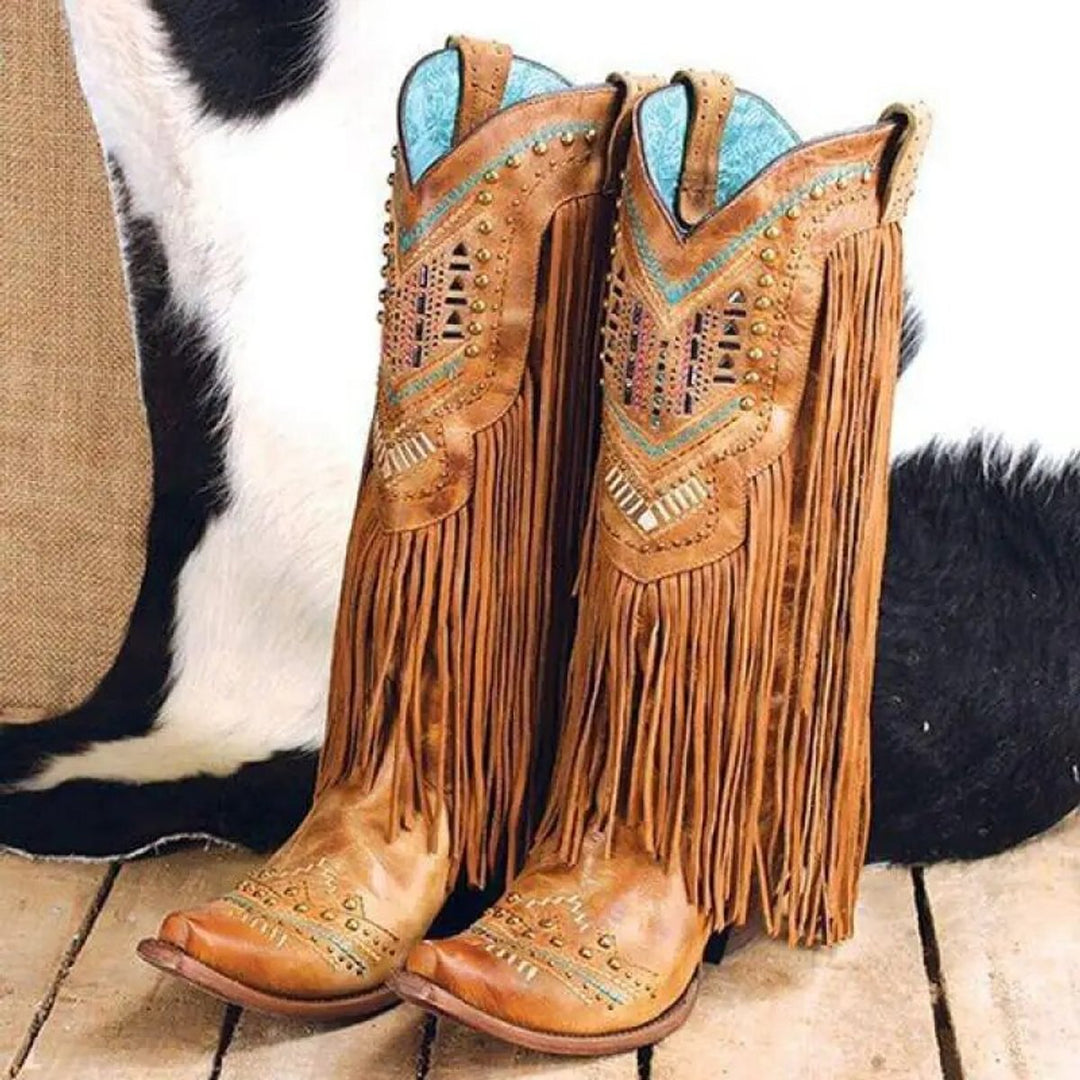 Women's Fringed Studded Knee-High Ankle Heeled Boots