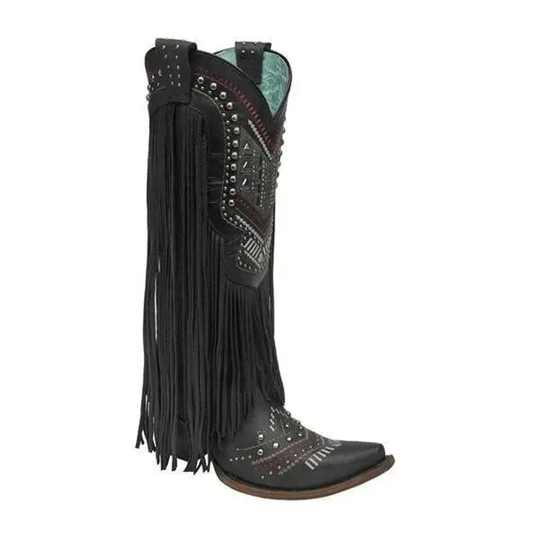 Women's Fringed Studded Knee-High Ankle Heeled Boots