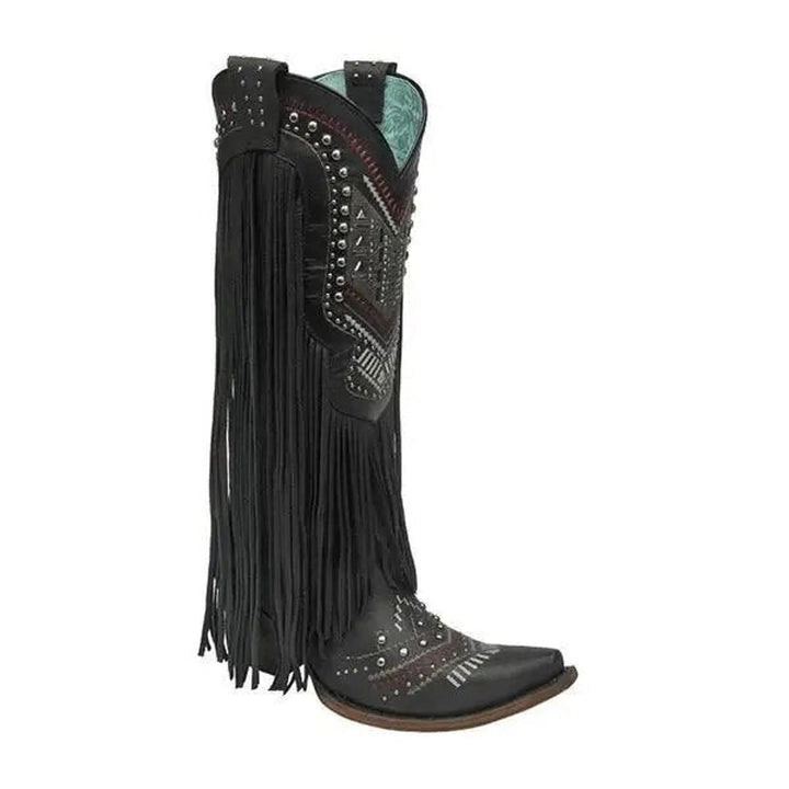 Women's Fringed Studded Knee-High Ankle Heeled Boots