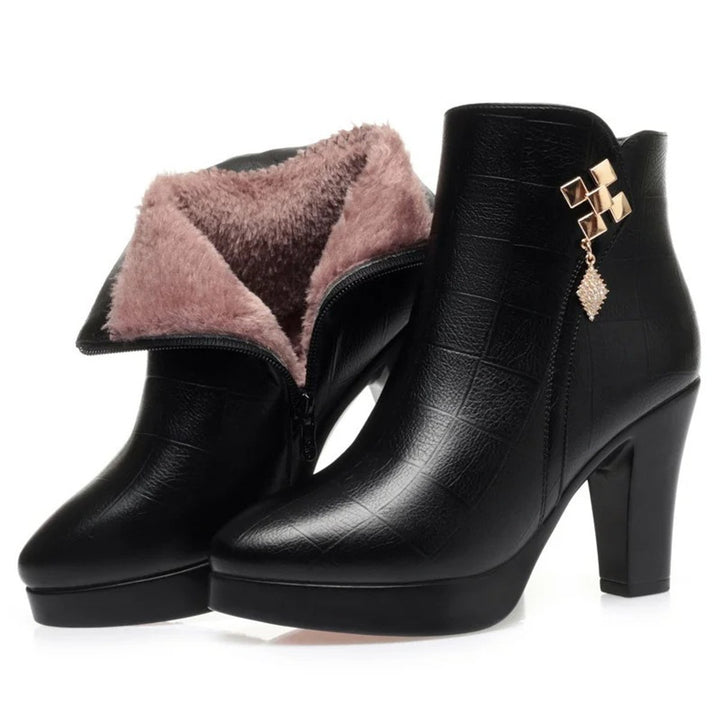 Women's Fur-Lined Block Heel Ankle Heeled Boots Pointed Toe
