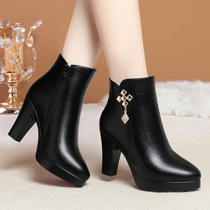 Women's Fur-Lined Block Heel Ankle Heeled Boots Pointed Toe