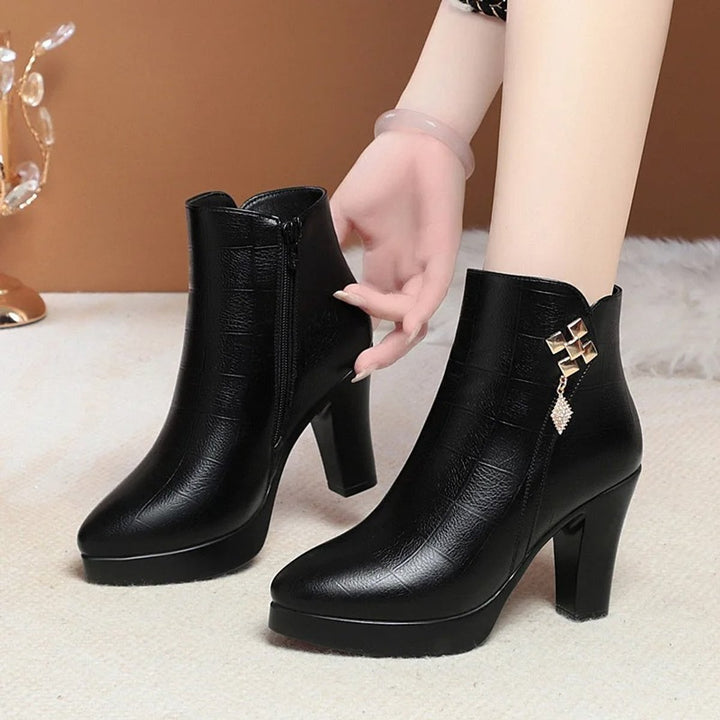 Women's Fur-Lined Block Heel Ankle Heeled Boots Pointed Toe
