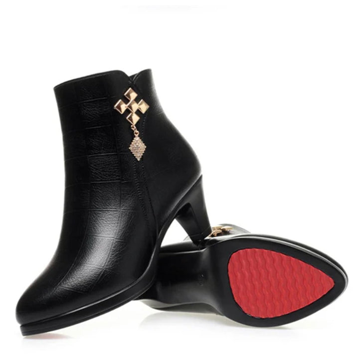Women's Fur-Lined Block Heel Ankle Heeled Boots Pointed Toe
