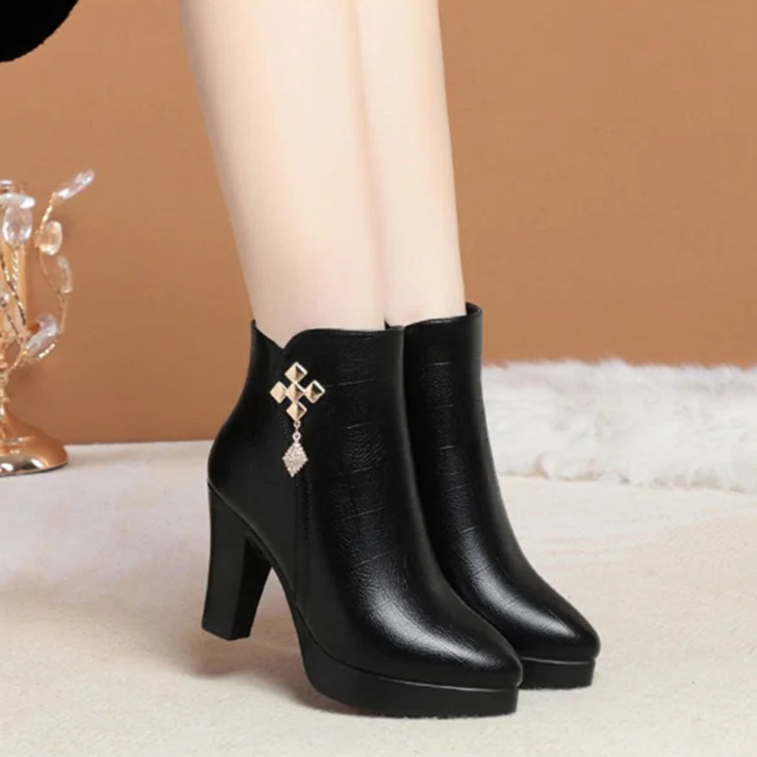 Women's Fur-Lined Block Heel Ankle Heeled Boots Pointed Toe