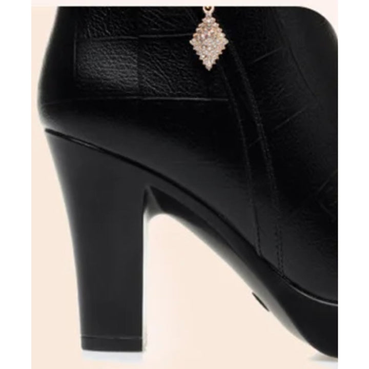 Women's Fur-Lined Block Heel Ankle Heeled Boots Pointed Toe
