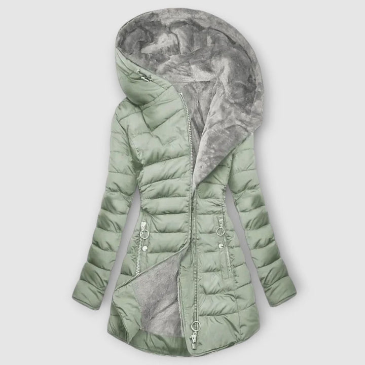 Women's Fur-Lined Hooded Quilted Puffer Jacket - Light Green