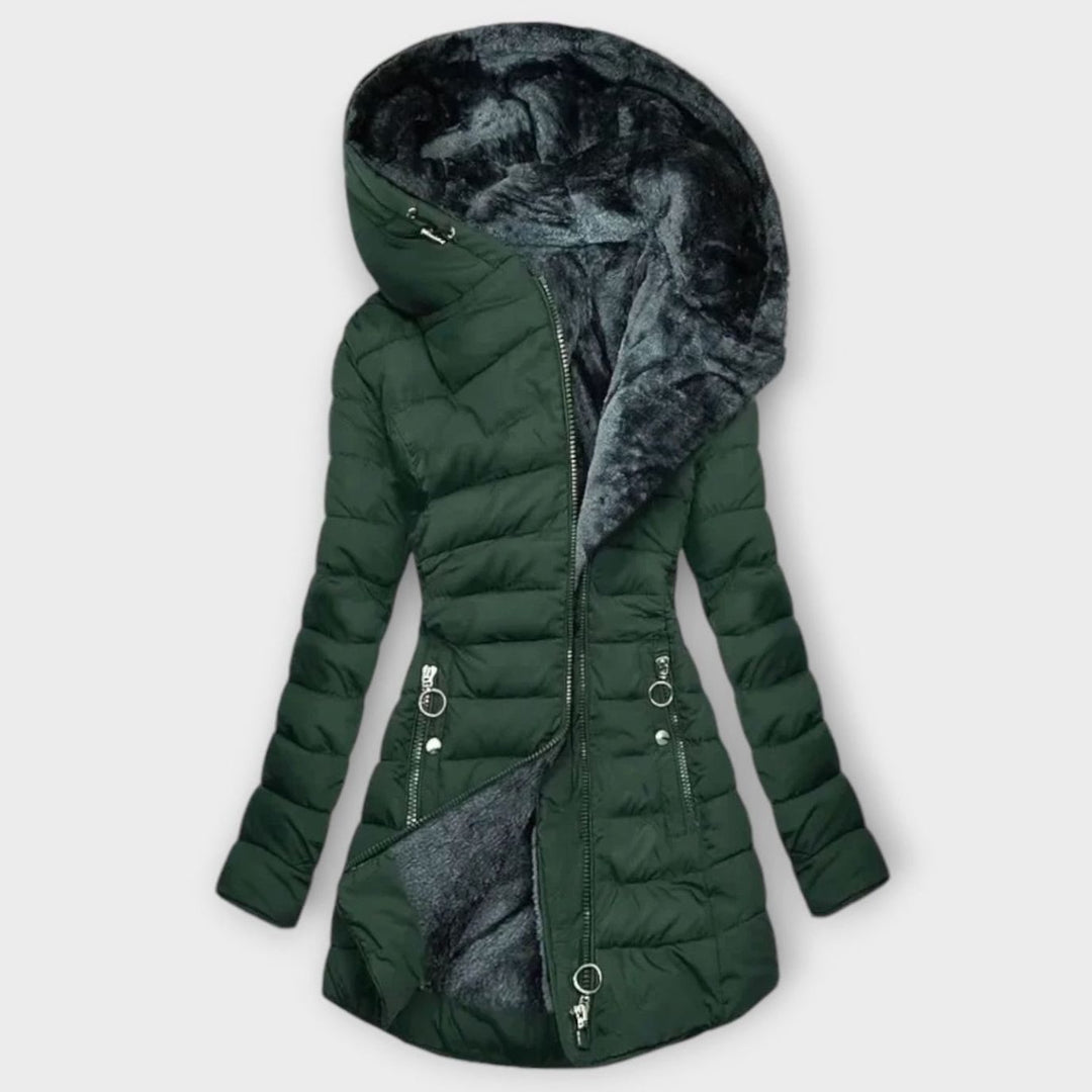 Women's Fur-Lined Hooded Quilted Puffer Jacket - Dark Green