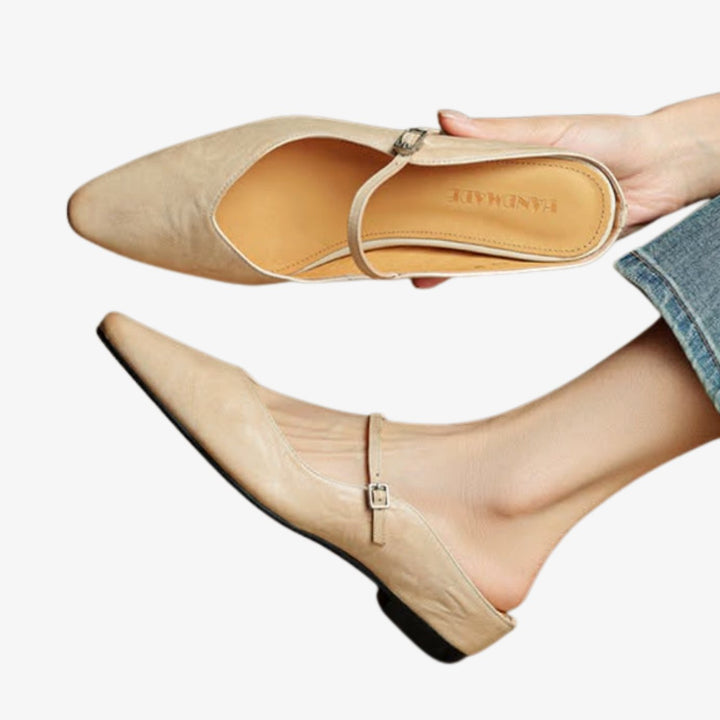 Women's Genuine Leather Pointed-Toe Buckle Strap Slip-On Mules