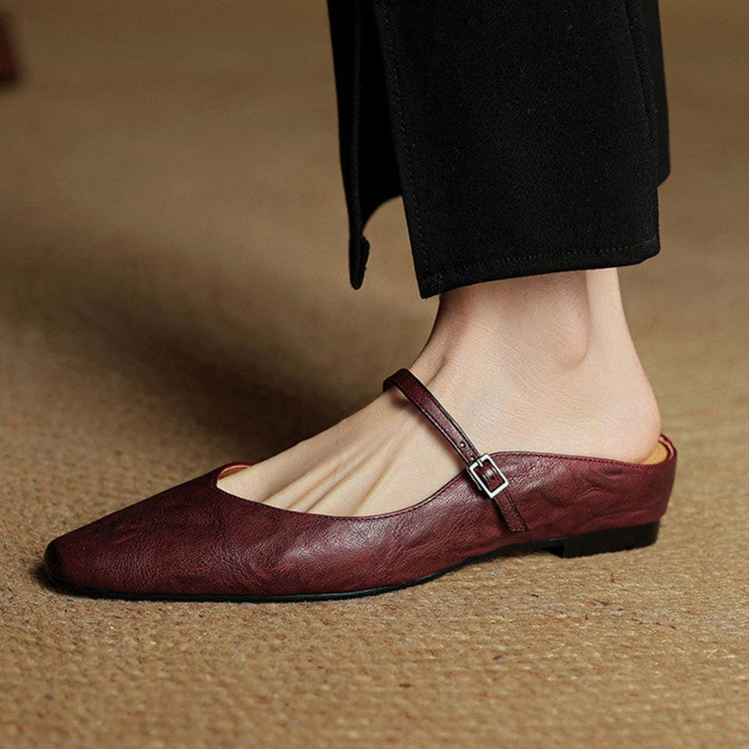 Women's Genuine Leather Pointed-Toe Buckle Strap Slip-On Mules