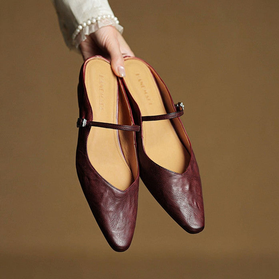 Women's Genuine Leather Pointed-Toe Buckle Strap Slip-On Mules