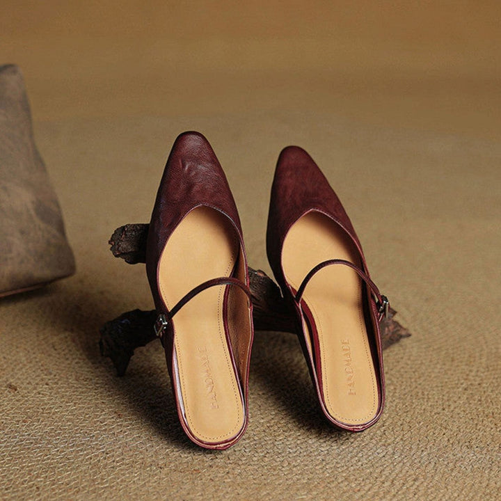 Women's Genuine Leather Pointed-Toe Buckle Strap Slip-On Mules