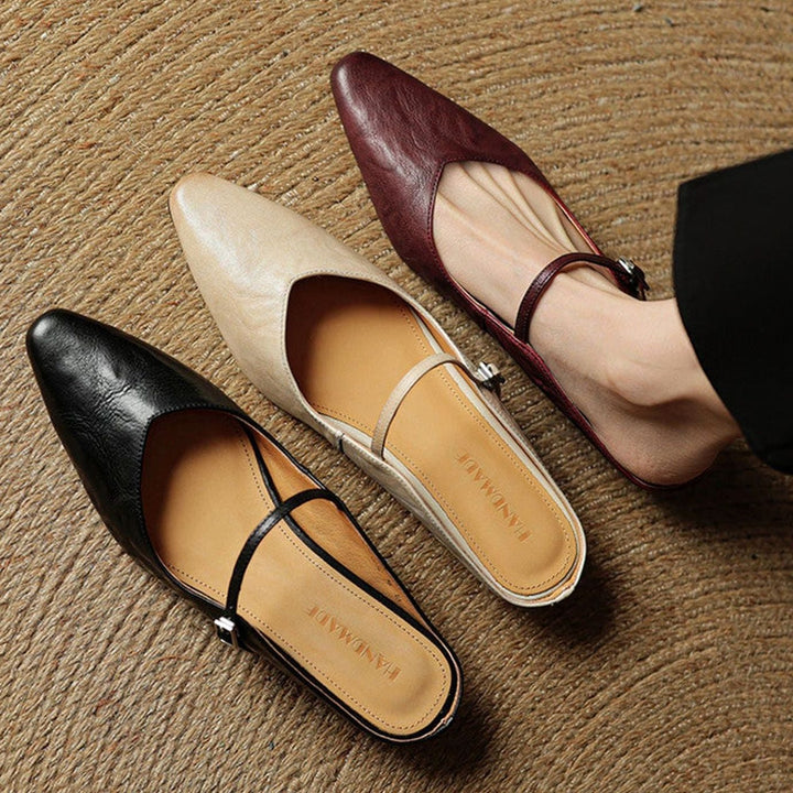 Women's Genuine Leather Pointed-Toe Buckle Strap Slip-On Mules