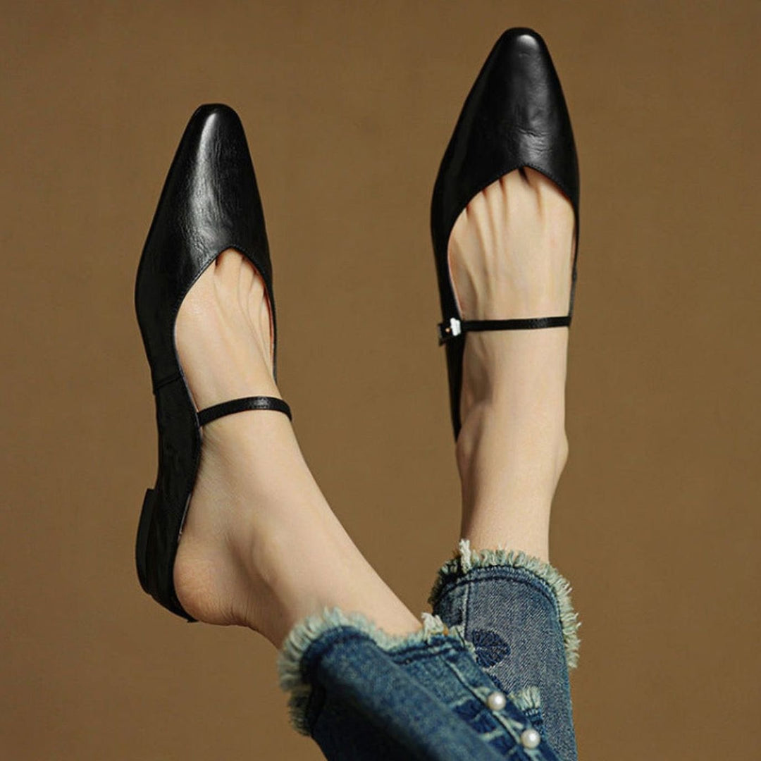 Women's Genuine Leather Pointed-Toe Buckle Strap Slip-On Mules