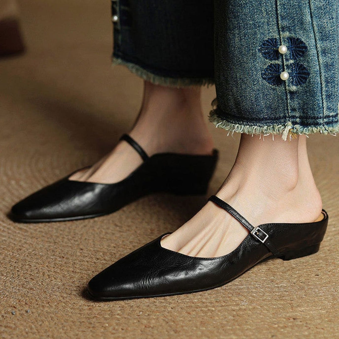 Women's Genuine Leather Pointed-Toe Buckle Strap Slip-On Mules