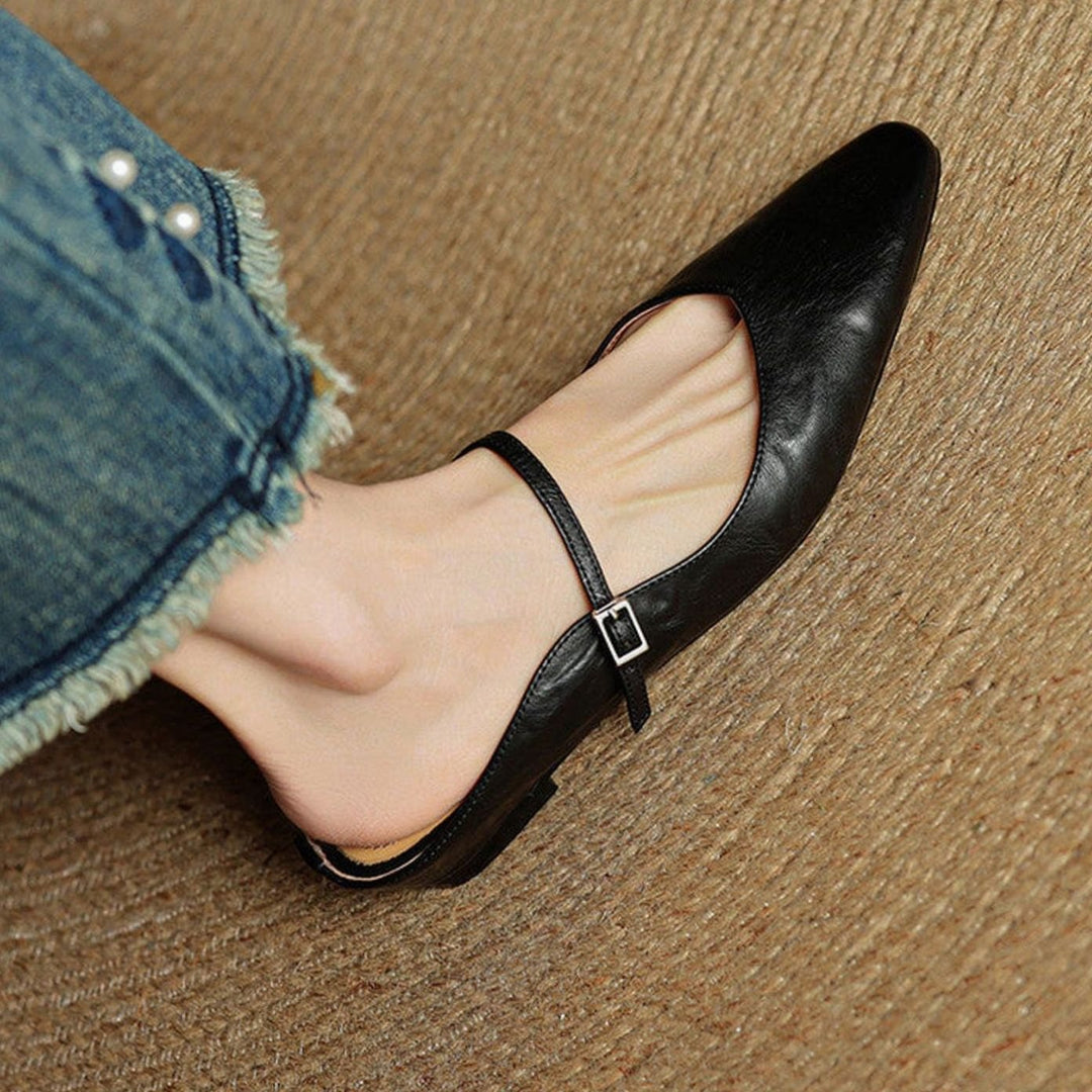 Women's Genuine Leather Pointed-Toe Buckle Strap Slip-On Mules