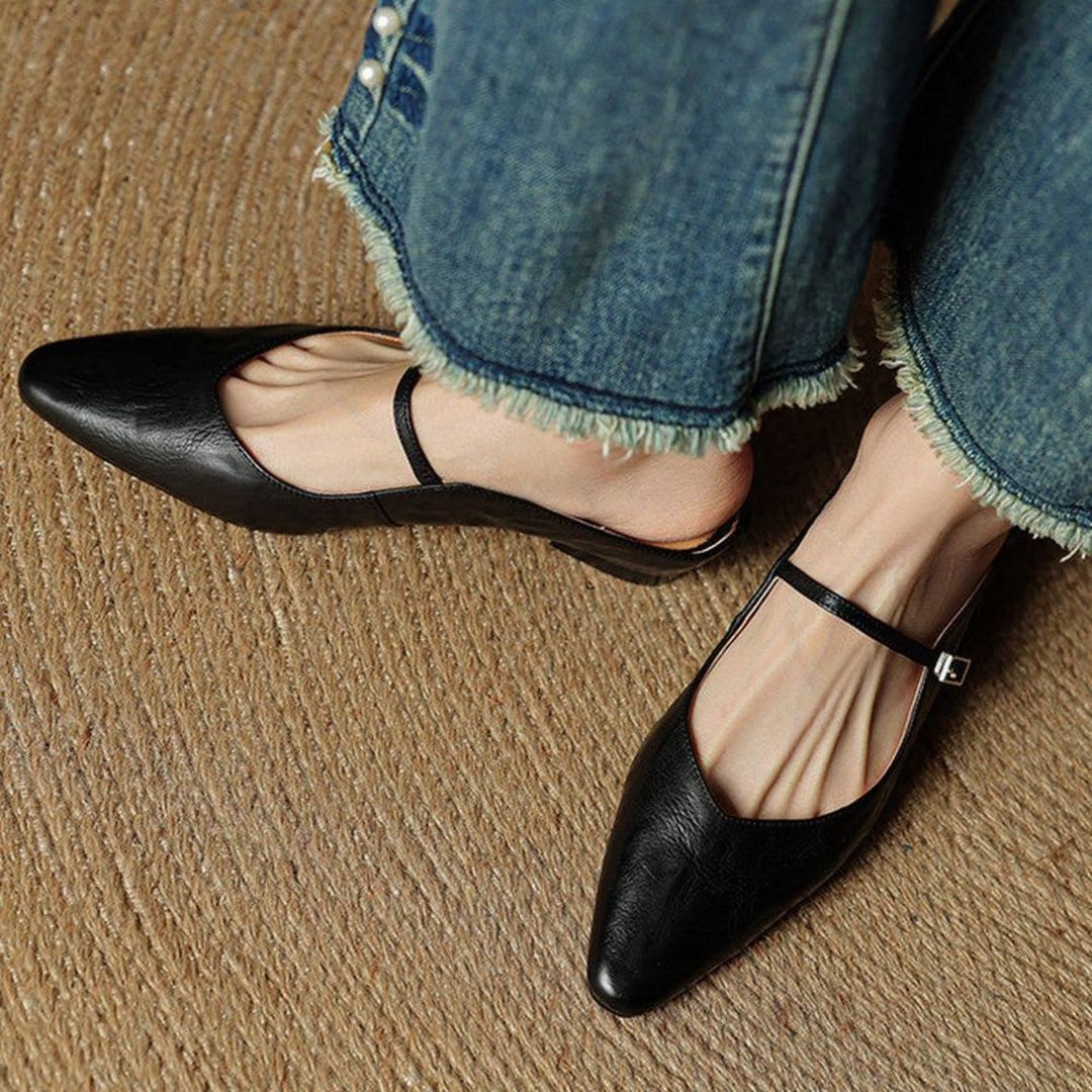 Women's Genuine Leather Pointed-Toe Buckle Strap Slip-On Mules
