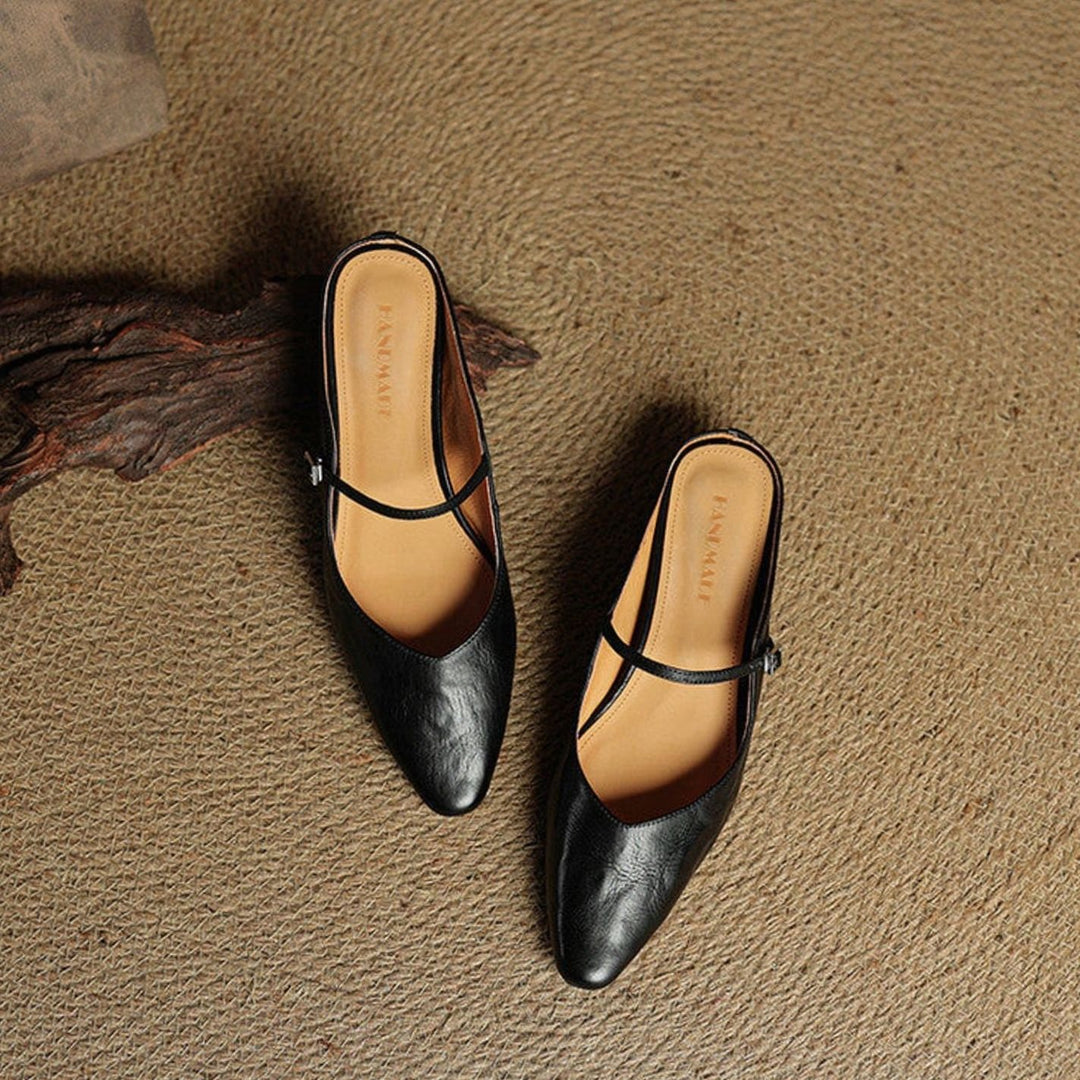 Women's Genuine Leather Pointed-Toe Buckle Strap Slip-On Mules