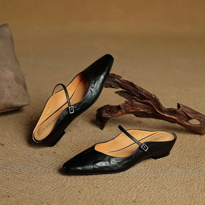 Women's Genuine Leather Pointed-Toe Buckle Strap Slip-On Mules