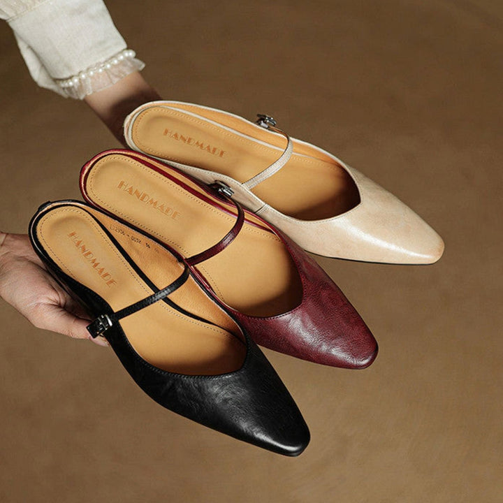 Women's Genuine Leather Pointed-Toe Buckle Strap Slip-On Mules
