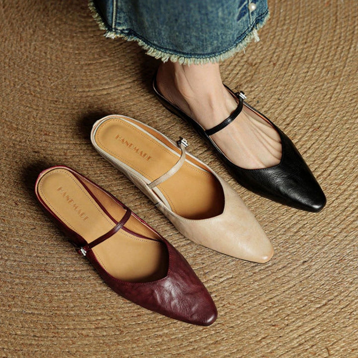 Women's Genuine Leather Pointed-Toe Buckle Strap Slip-On Mules