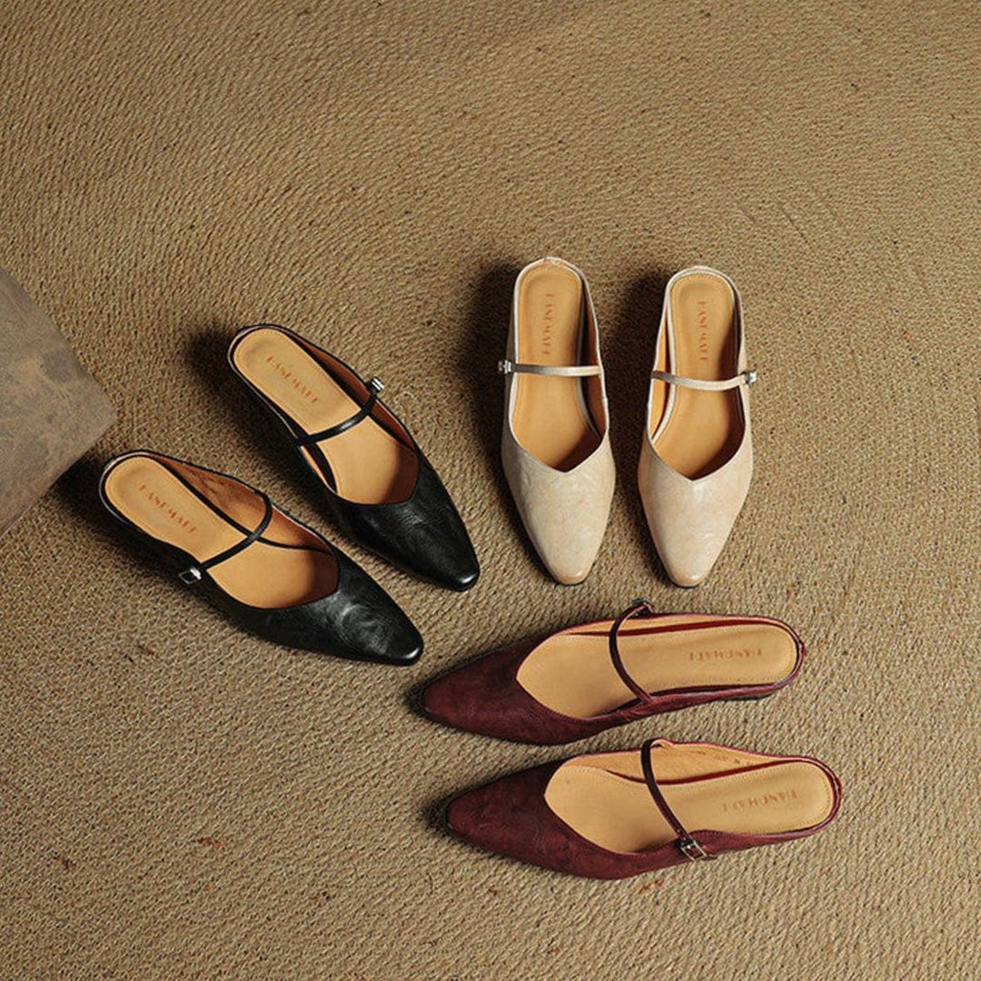 Women's Genuine Leather Pointed-Toe Buckle Strap Slip-On Mules
