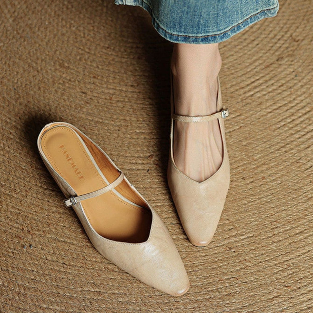 Women's Genuine Leather Pointed-Toe Buckle Strap Slip-On Mules