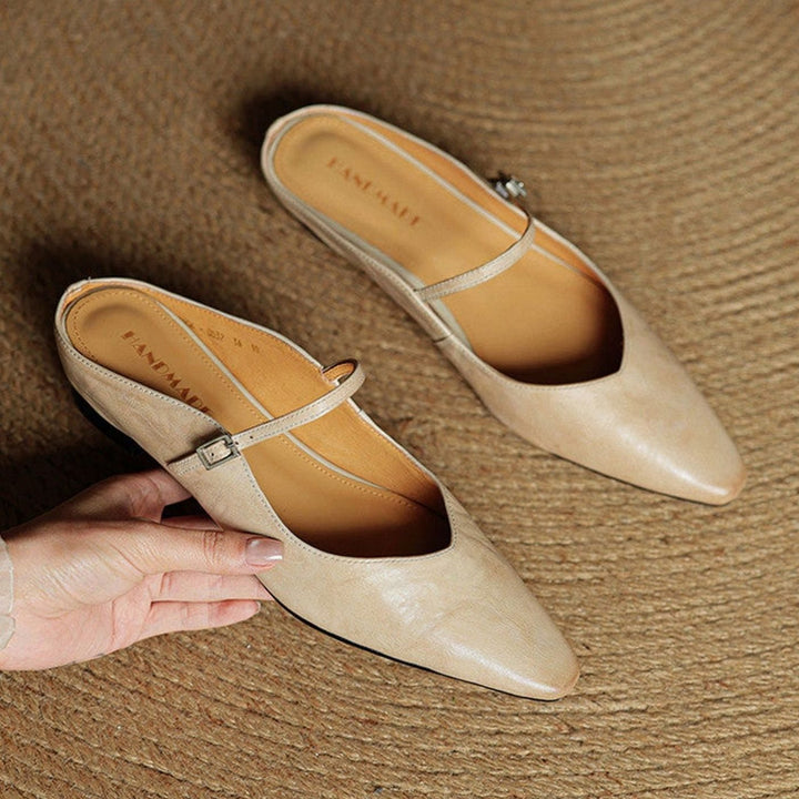Women's Genuine Leather Pointed-Toe Buckle Strap Slip-On Mules