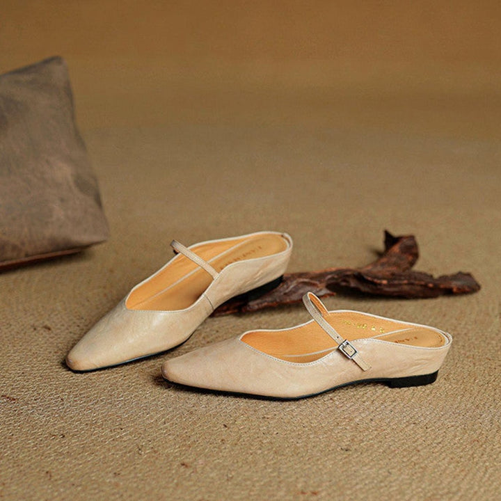 Women's Genuine Leather Pointed-Toe Buckle Strap Slip-On Mules