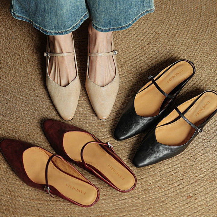 Women's Genuine Leather Pointed-Toe Buckle Strap Slip-On Mules