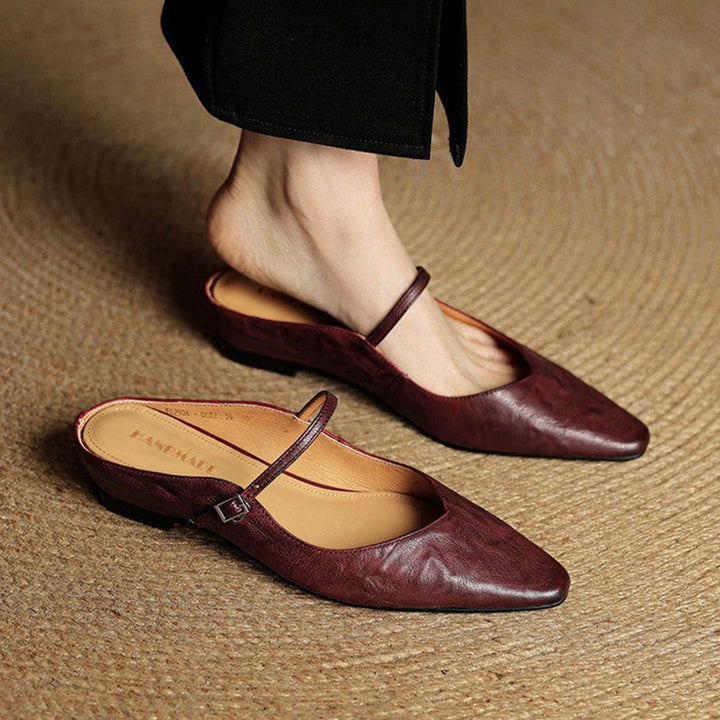 Women's Genuine Leather Pointed-Toe Buckle Strap Slip-On Mules