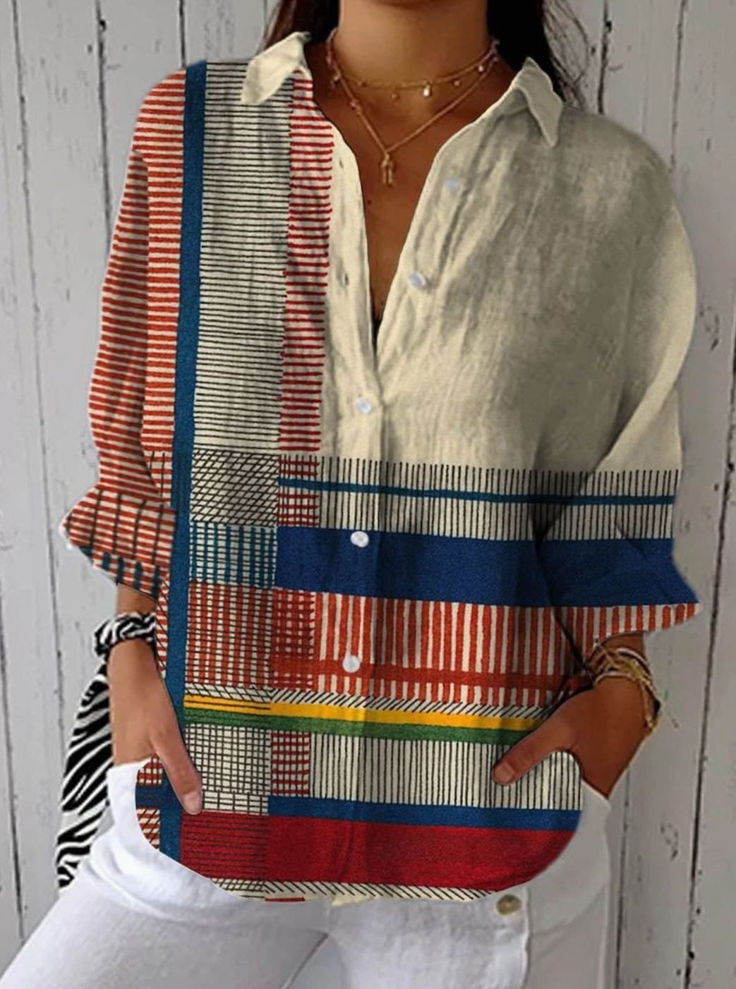 Women's Geometric Print Long-Sleeve Button-Down Blouse