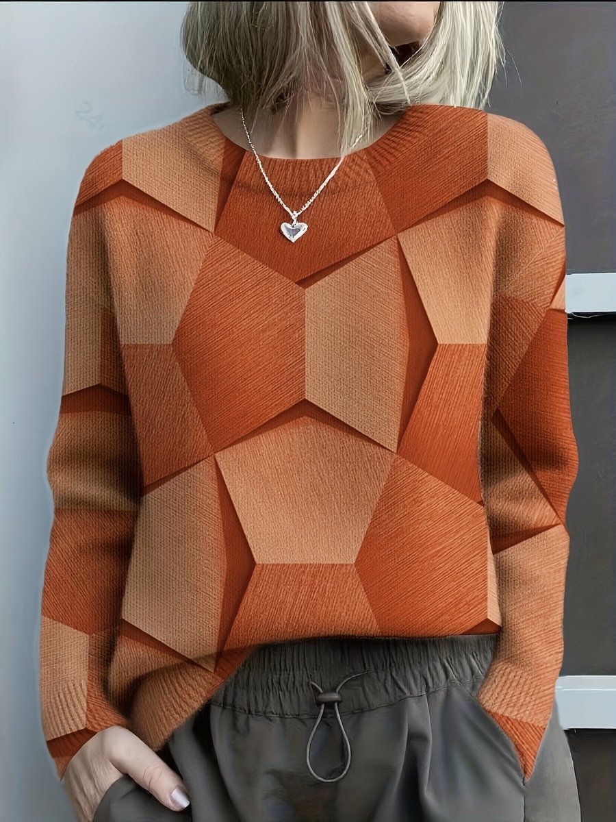Women's Geometric Print Long-Sleeve Knitted Sweater Round Neck