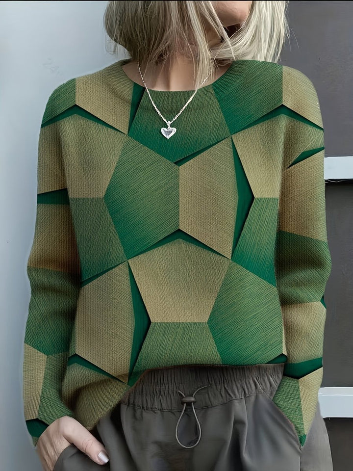 Women's Geometric Print Long-Sleeve Knitted Sweater Round Neck