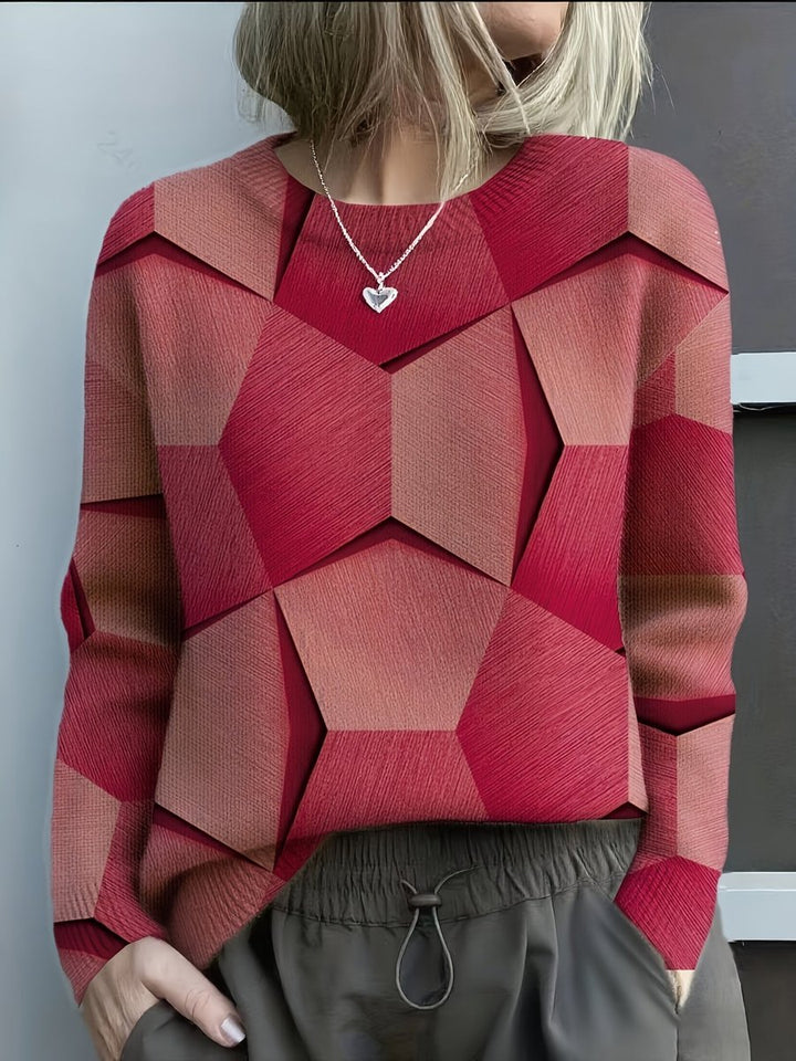 Women's Geometric Print Long-Sleeve Knitted Sweater Round Neck