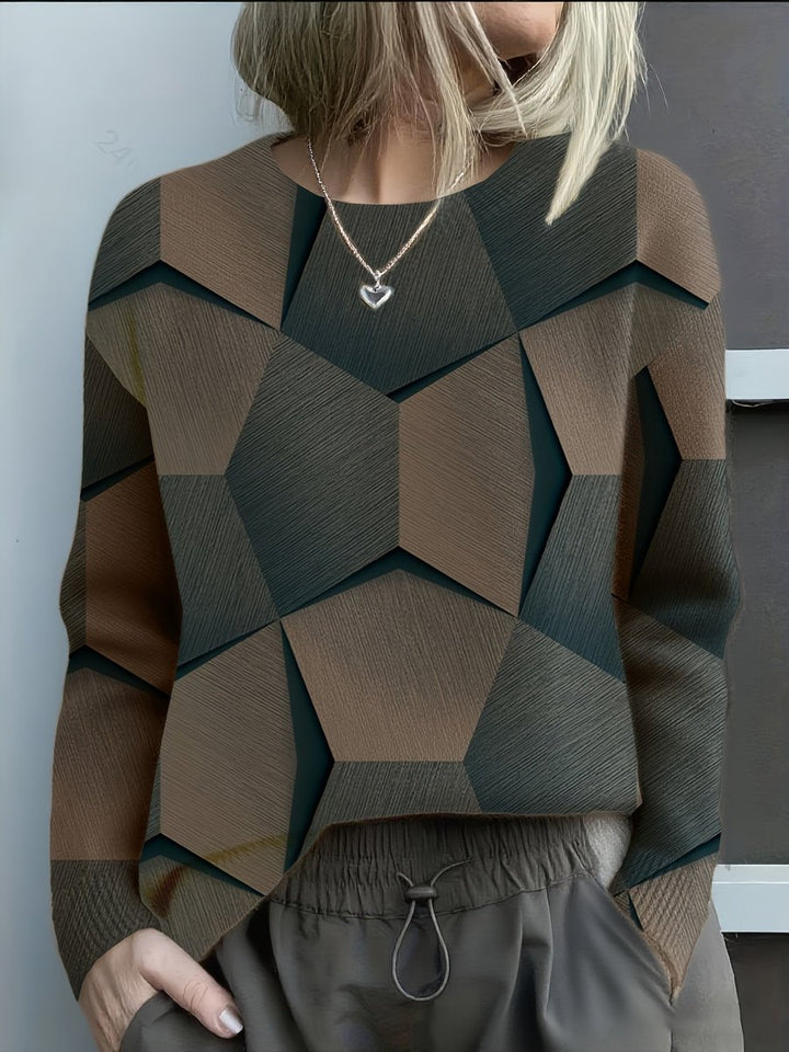 Women's Geometric Print Long-Sleeve Knitted Sweater Round Neck