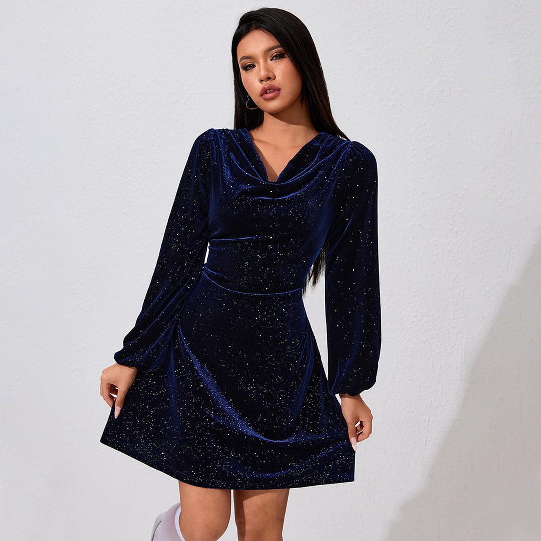 Women's Glitter Velvet Party Dress Cowl-Neck Long-Sleeve A-Line Mini